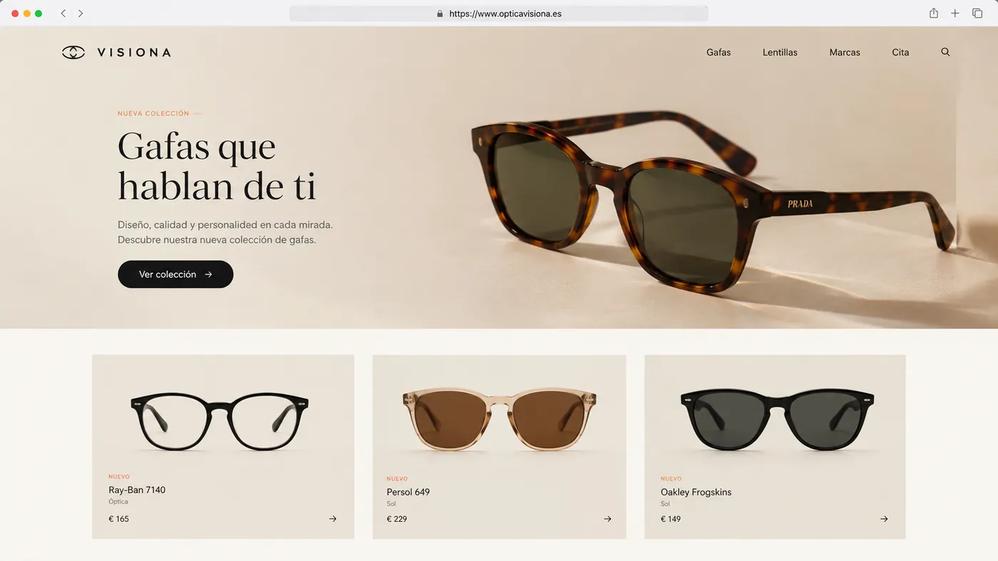 Diseño de concepto para una óptica: portada cálida con una montura destacada y catálogo de gafas.