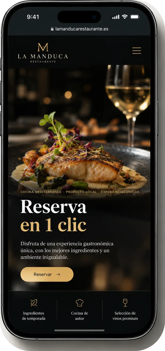 Diseño de concepto para restaurante visto en un iPhone: portada oscura con un plato, titular «Reserva en 1 clic» y botón de reserva dorado.
